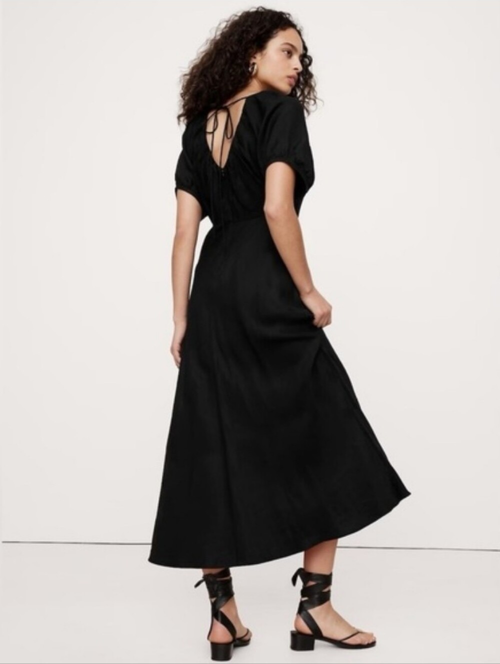 Banana Republic Black Viscose-Linen Ruched Long Midi Dress
